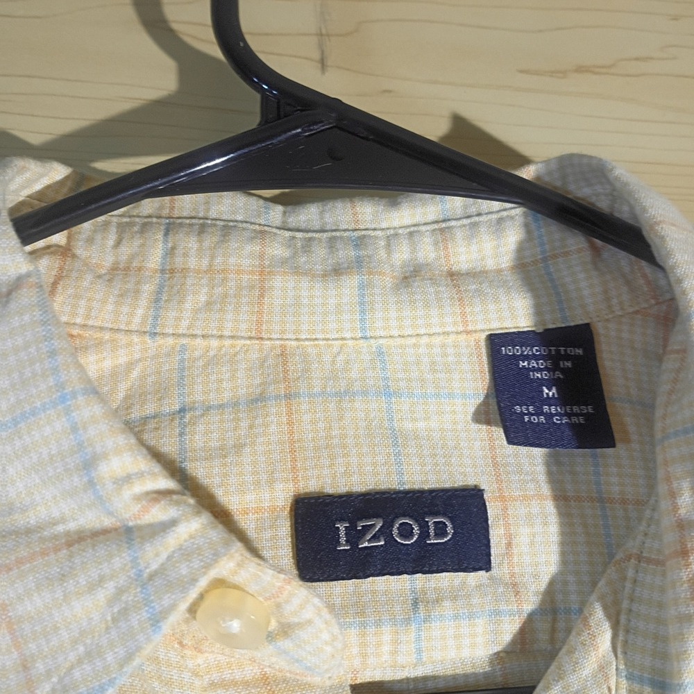 IZOD Button Down Shirt Men Medium Yellow Plaid Long Sleeve Cotton M